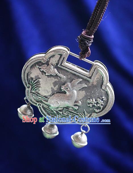 Traditional Chinese Miao Nationality Crafts Jewelry Accessory, Hmong Handmade Miao Silver Longevity Lock Bells Pendant, Miao Ethnic Minority Necklace Accessories Sweater Chain Pendant for Women