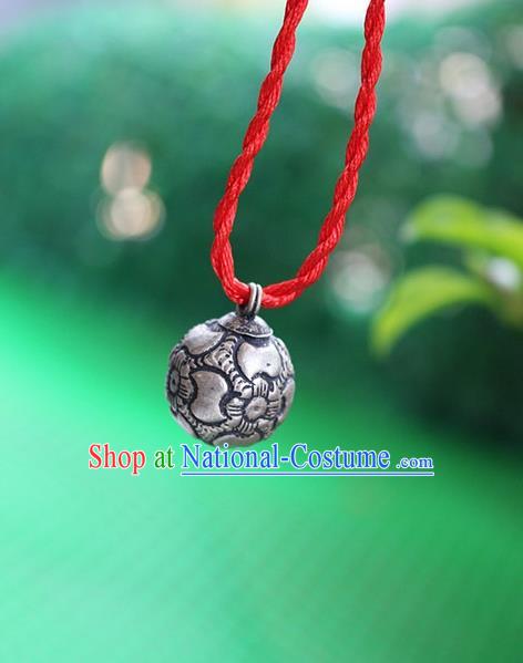 Traditional Chinese Miao Nationality Crafts Jewelry Accessory, Hmong Handmade Miao Silver Bells Pendant, Miao Ethnic Minority Necklace Accessories Sweater Chain Pendant for Women