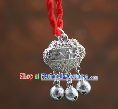 Traditional Chinese Miao Nationality Crafts Jewelry Accessory, Hmong Handmade Miao Silver Bells Longevity Lock Pendant, Miao Ethnic Minority Necklace Accessories Sweater Chain Pendant for Women