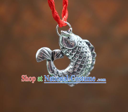 Traditional Chinese Miao Nationality Crafts Jewelry Accessory, Hmong Handmade Miao Silver Fish Pendant, Miao Ethnic Minority Necklace Accessories Sweater Chain Pendant for Women