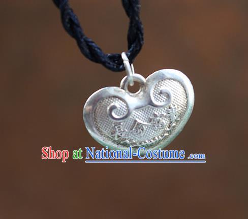 Traditional Chinese Miao Nationality Crafts Jewelry Accessory, Hmong Handmade Miao Silver Bells Heart-Shaped Pendant, Miao Ethnic Minority Necklace Accessories Sweater Chain Pendant for Women