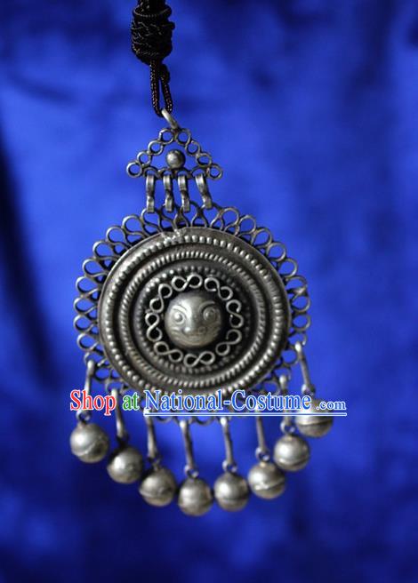 Traditional Chinese Miao Nationality Crafts Jewelry Accessory, Hmong Handmade Miao Silver Bells Tassel Pendant, Miao Ethnic Minority Necklace Accessories Sweater Chain Pendant for Women