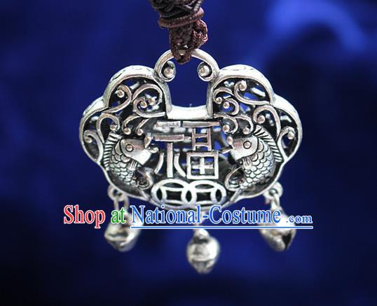 Traditional Chinese Miao Nationality Crafts Jewelry Accessory, Hmong Handmade Miao Silver Longevity Lock Tassel Pendant, Miao Ethnic Minority Necklace Accessories Sweater Chain Pendant for Women