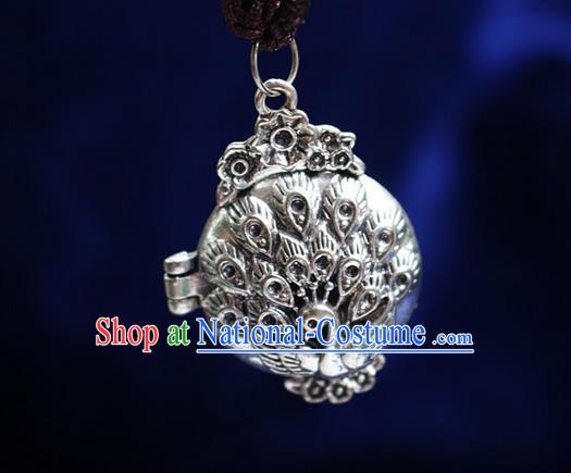 Traditional Chinese Miao Nationality Crafts Jewelry Accessory, Hmong Handmade Miao Silver Peacock Tassel Pendant, Miao Ethnic Minority Necklace Accessories Sweater Chain Pendant for Women