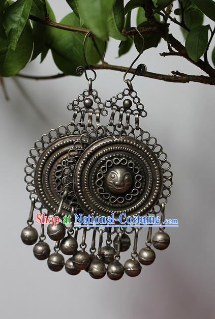 Traditional Chinese Miao Nationality Crafts Jewelry Accessory Classical Earbob Accessories, Hmong Handmade Miao Silver Palace Lady Bells Tassel Earrings, Miao Ethnic Minority Eardrop for Women