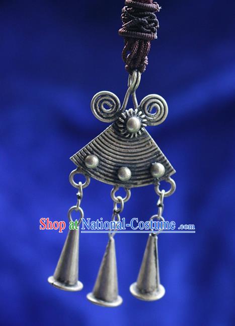 Traditional Chinese Miao Nationality Crafts Jewelry Accessory, Hmong Handmade Miao Silver Bells Tassel Pendant, Miao Ethnic Minority Bells Necklace Accessories Sweater Chain Pendant for Women