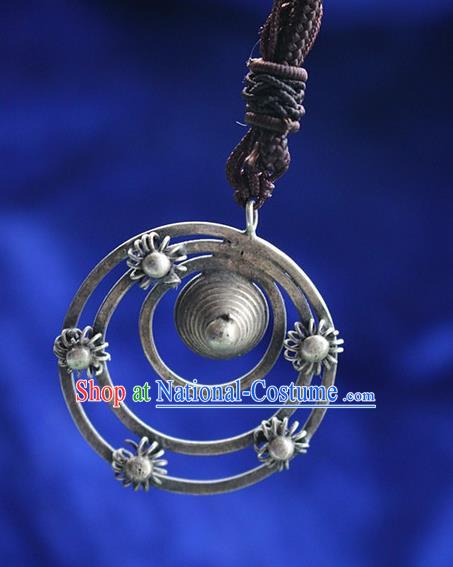 Traditional Chinese Miao Nationality Crafts Jewelry Accessory, Hmong Handmade Miao Silver Round Pendant, Miao Ethnic Minority Bells Necklace Accessories Sweater Chain Pendant for Women