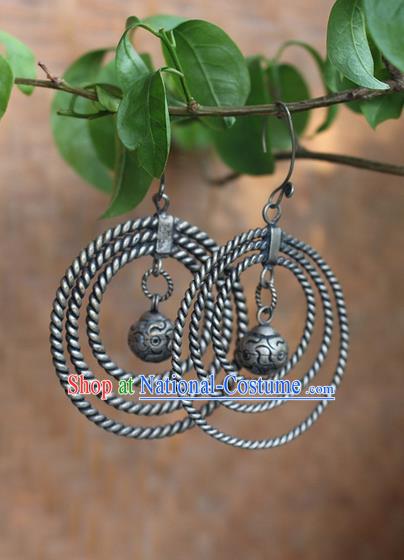 Traditional Chinese Miao Nationality Crafts Jewelry Accessory Classical Earbob Accessories, Hmong Handmade Miao Silver Palace Annulus Earrings, Miao Ethnic Minority Eardrop for Women