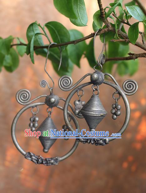 Traditional Chinese Miao Nationality Crafts Jewelry Accessory Classical Earbob Accessories, Hmong Handmade Miao Silver Palace Annulus Earrings, Miao Ethnic Minority Eardrop for Women