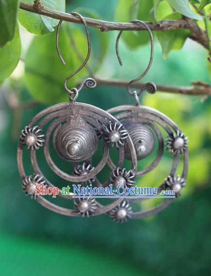 Traditional Chinese Miao Nationality Crafts Jewelry Accessory Classical Earbob Accessories, Hmong Handmade Miao Silver Palace Annulus Earrings, Miao Ethnic Minority Eardrop for Women