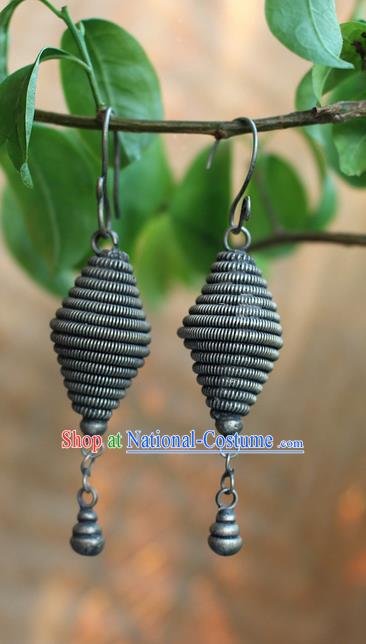 Traditional Chinese Miao Nationality Crafts Jewelry Accessory Classical Earbob Accessories, Hmong Handmade Miao Silver Palace Tassel Earrings, Miao Ethnic Minority Eardrop for Women