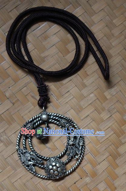 Traditional Chinese Miao Nationality Crafts Jewelry Accessory, Hmong Handmade Miao Silver Dragon-Phoenix Pendant, Miao Ethnic Minority Necklace Accessories Sweater Chain Pendant for Women