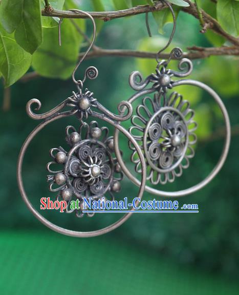 Traditional Chinese Miao Nationality Crafts Jewelry Accessory Classical Earbob Accessories, Hmong Handmade Miao Silver Palace Earrings, Miao Ethnic Minority Eardrop for Women