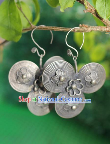 Traditional Chinese Miao Nationality Crafts Jewelry Accessory Classical Earbob Accessories, Hmong Handmade Miao Silver Palace Earrings Ear Pendants, Miao Ethnic Minority Eardrop for Women