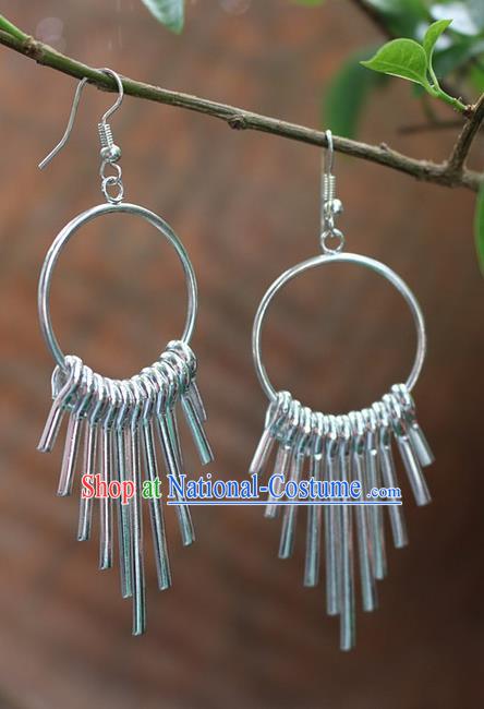 Traditional Chinese Miao Nationality Crafts Jewelry Accessory Classical Earbob Accessories, Hmong Handmade Miao Silver Exaggerated Palace Tassel Earrings, Miao Ethnic Minority Eardrop for Women