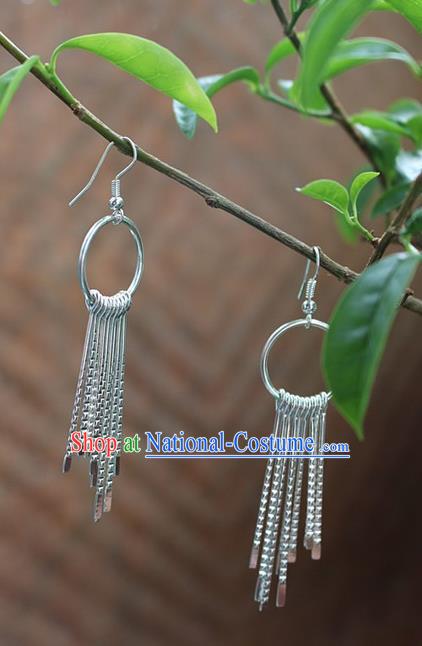 Traditional Chinese Miao Nationality Crafts Jewelry Accessory Classical Earbob Accessories, Hmong Handmade Miao Silver Exaggerated Palace Tassel Earrings, Miao Ethnic Minority Eardrop for Women