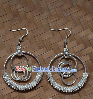 Traditional Chinese Miao Nationality Crafts Jewelry Accessory Classical Earbob Accessories, Hmong Handmade Miao Silver Exaggerated Palace Tassel Earrings, Miao Ethnic Minority Eardrop for Women