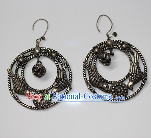 Traditional Chinese Miao Nationality Crafts Jewelry Accessory Classical Earbob Accessories, Hmong Handmade Miao Silver Birds Palace Lady Earrings, Miao Ethnic Minority Eardrop for Women