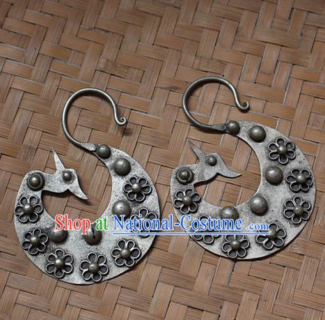 Traditional Chinese Miao Nationality Crafts Jewelry Accessory Classical Earbob Accessories, Hmong Handmade Miao Silver Birds Palace Lady Earrings, Miao Ethnic Minority Eardrop for Women