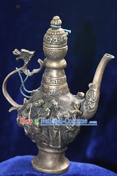 Traditional Chinese Miao Nationality Crafts Decoration Accessory Bronze Flagon, Hmong Handmade Dragon Flagon Ornaments, Miao Ethnic Minority Exorcise Evil Wine Pot