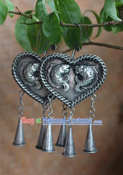 Traditional Chinese Miao Nationality Crafts Jewelry Accessory Classical Earbob Accessories, Hmong Handmade Miao Silver Double Fish Heart-shaped Palace Lady Earrings, Miao Ethnic Minority Bells Eardrop for Women