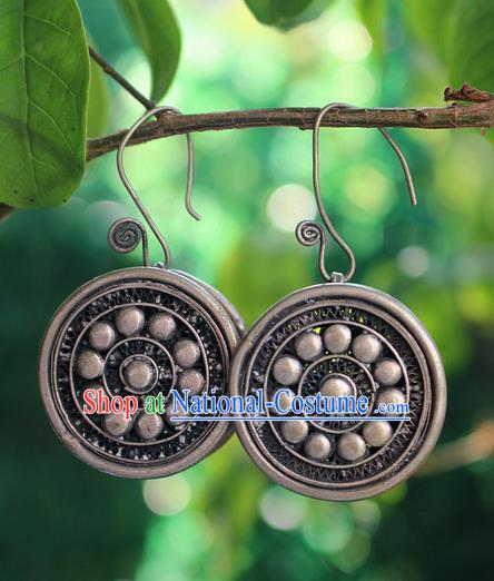 Traditional Chinese Miao Nationality Crafts Jewelry Accessory Classical Earbob Accessories, Hmong Handmade Miao Silver Round Palace Lady Earrings, Miao Ethnic Minority Eardrop for Women