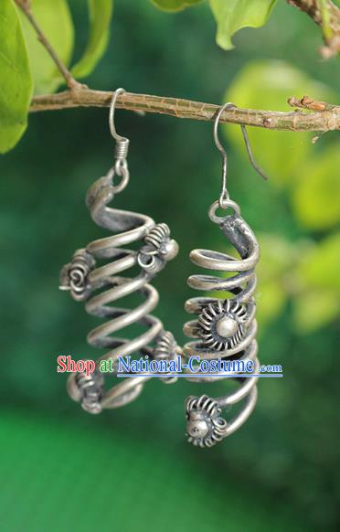 Traditional Chinese Miao Nationality Crafts Jewelry Accessory Classical Earbob Accessories, Hmong Handmade Miao Silver Palace Earrings, Miao Ethnic Minority Eardrop for Women