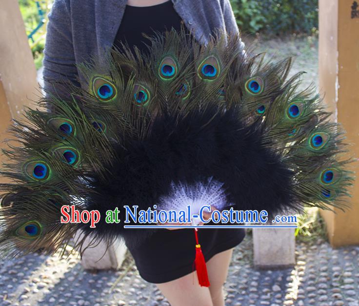 Traditional Handmade Chinese Classical Peacock Feather Fans, China Folk Dance Fan Dance Stage Performance Fan for Women