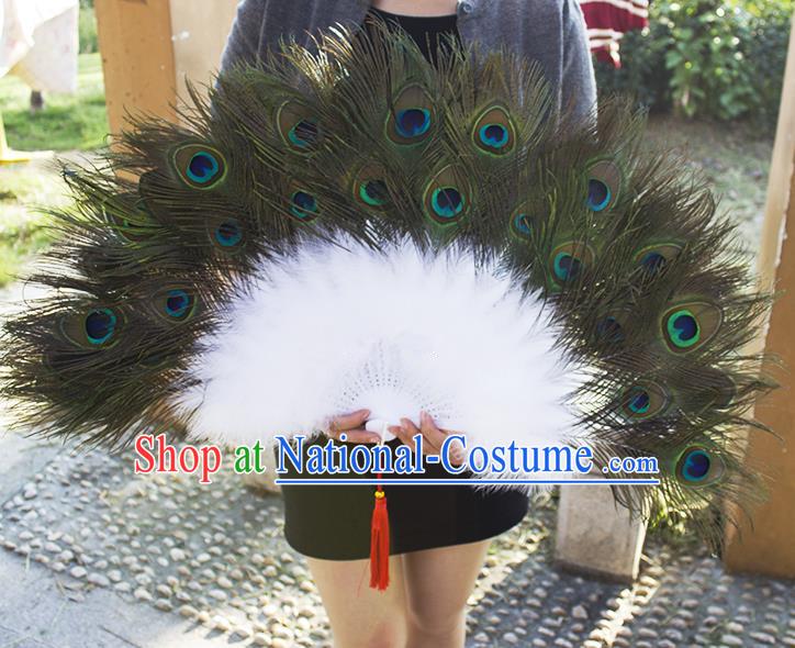 Traditional Handmade Chinese Classical Peacock Feather Fans, China Folk Dance Fan Dance Stage Performance Fan for Women