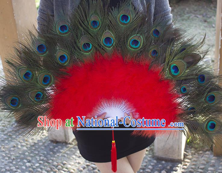 Traditional Handmade Chinese Classical Peacock Feather Fans, China Folk Dance Fan Dance Stage Performance Fan for Women