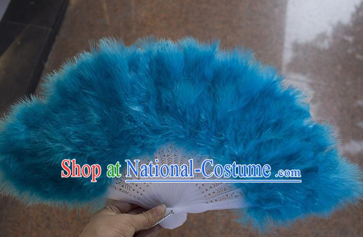 Traditional Handmade Chinese Classical Feather Fans, China Folk Dance Fan Dance Stage Performance Blue Fan for Women