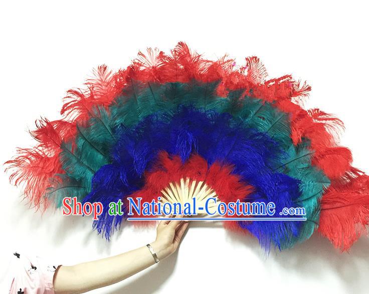 Traditional Handmade Chinese Classical Ostrich Feather Fans, China Folk Dance Fan Dance Stage Performance Colorful Fan for Women