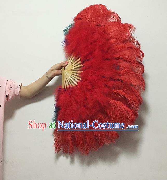 Traditional Handmade Chinese Classical Ostrich Feather Fans, China Folk Dance Fan Dance Stage Performance Red Fan for Women