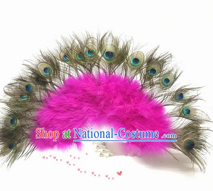 Traditional Handmade Chinese Classical Peacock Feather Fans, China Folk Dance Fan Dance Stage Performance Pink Fan for Women