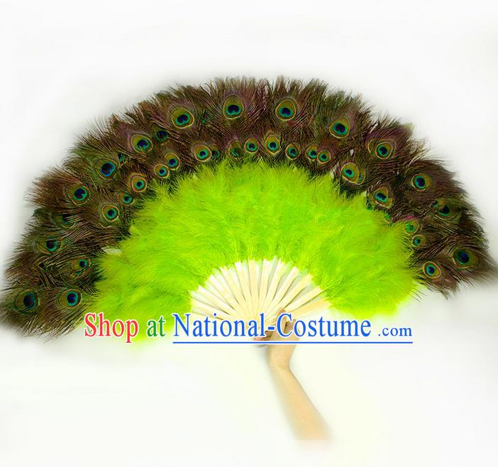 Traditional Handmade Chinese Classical Peacock Feather Fans, China Folk Dance Fan Dance Stage Performance Large Size Green Fan for Women