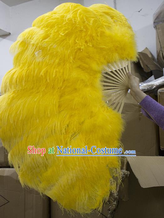 Traditional Handmade Chinese Classical Ostrich Feather Fans, China Folk Dance Fan Dance Stage Performance Large Size Yellow Fan for Women