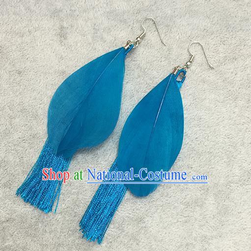 Chinese Classicla Jewelry Accessory Earbob Accessories, Handmade Blue Feather Tassel Earrings Eardrop for Women