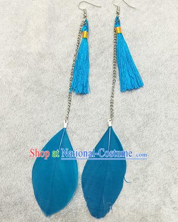 Chinese Classicla Jewelry Accessory Earbob Accessories, Handmade Blue Feather Tassel Earrings Eardrop for Women