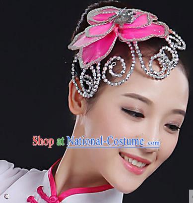 Traditional Handmade Chinese Yangge Fan Dancing Classical Hair Accessories, Folk Dance Yangko Peacock Dance Pink Flower Headwear For Women