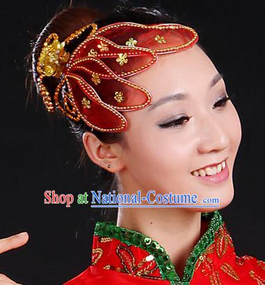 Traditional Handmade Chinese Yangge Fan Dancing Classical Hair Accessories, Folk Dance Yangko Peacock Dance Red Flower Headwear For Women