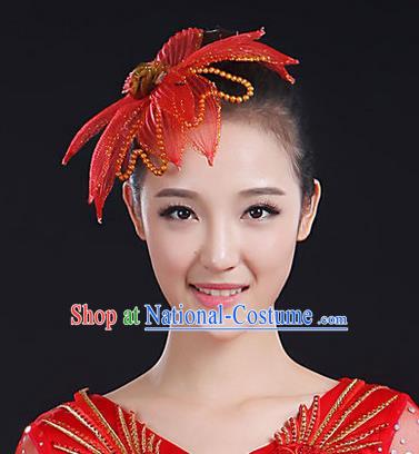 Traditional Handmade Chinese Yangge Fan Dancing Classical Hair Accessories, Folk Dance Yangko Peacock Dance Red Flower Headwear For Women