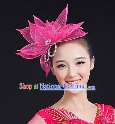 Traditional Handmade Chinese Yangge Fan Dancing Classical Hair Accessories, Folk Dance Yangko Peacock Dance Pink Lotus Flower Headwear For Women