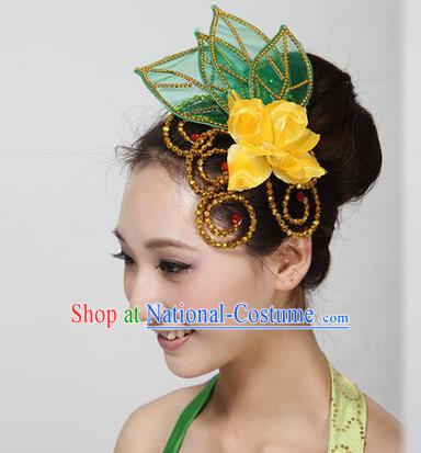 Traditional Handmade Chinese Yangge Fan Dancing Classical Hair Accessories, Folk Dance Yangko Peacock Dance Yellow Peony Headwear For Women