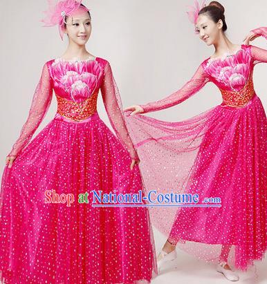 Traditional Chinese Modern Dancing Costume, Women Opening Classic Chorus Singing Group Dance Paillette Costume, Folk Dance Yangko Costume, Modern Dance Long Rose Peony Dress for Women