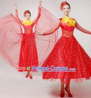 Traditional Chinese Modern Dancing Costume, Women Opening Classic Chorus Singing Group Dance Paillette Costume, Folk Dance Yangko Costume, Modern Dance Long Red Peony Dress for Women