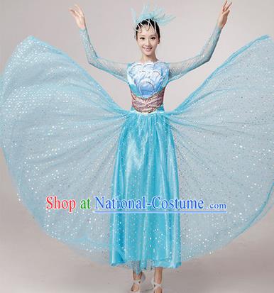 Traditional Chinese Modern Dancing Costume, Women Opening Classic Chorus Singing Group Dance Paillette Costume, Folk Dance Yangko Costume, Modern Dance Long Blue Peony Dress for Women