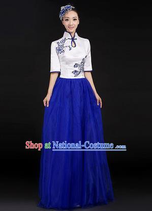 Traditional Chinese Modern Dancing Costume, Women Opening Classic Chorus Singing Group Dance Paillette Costume, Modern Dance Long Blue Mandarin Collar Dress for Women