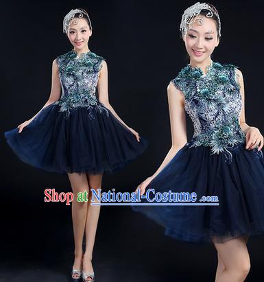 Traditional Chinese Modern Dancing Costume, Women Opening Classic Chorus Singing Group Dance Paillette Costume, Modern Dance Short Deep Blue Bubble Dress for Women