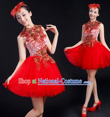 Traditional Chinese Modern Dancing Costume, Women Opening Classic Chorus Singing Group Dance Paillette Costume, Modern Dance Short Red Bubble Dress for Women