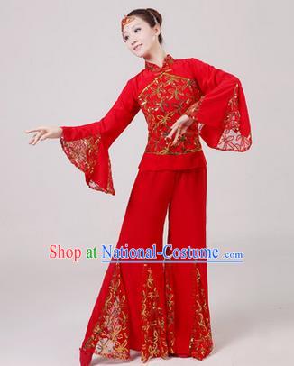 Traditional Chinese Yangge Fan Dancing Costume, Folk Dance Yangko Costume Drum Dance Embroidered Red Clothing for Women